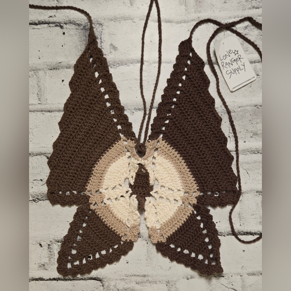 Lone Ranger Supply Crochet Butterfly Halter Top Brown Cream NWT Small - Picture 2 of 7
